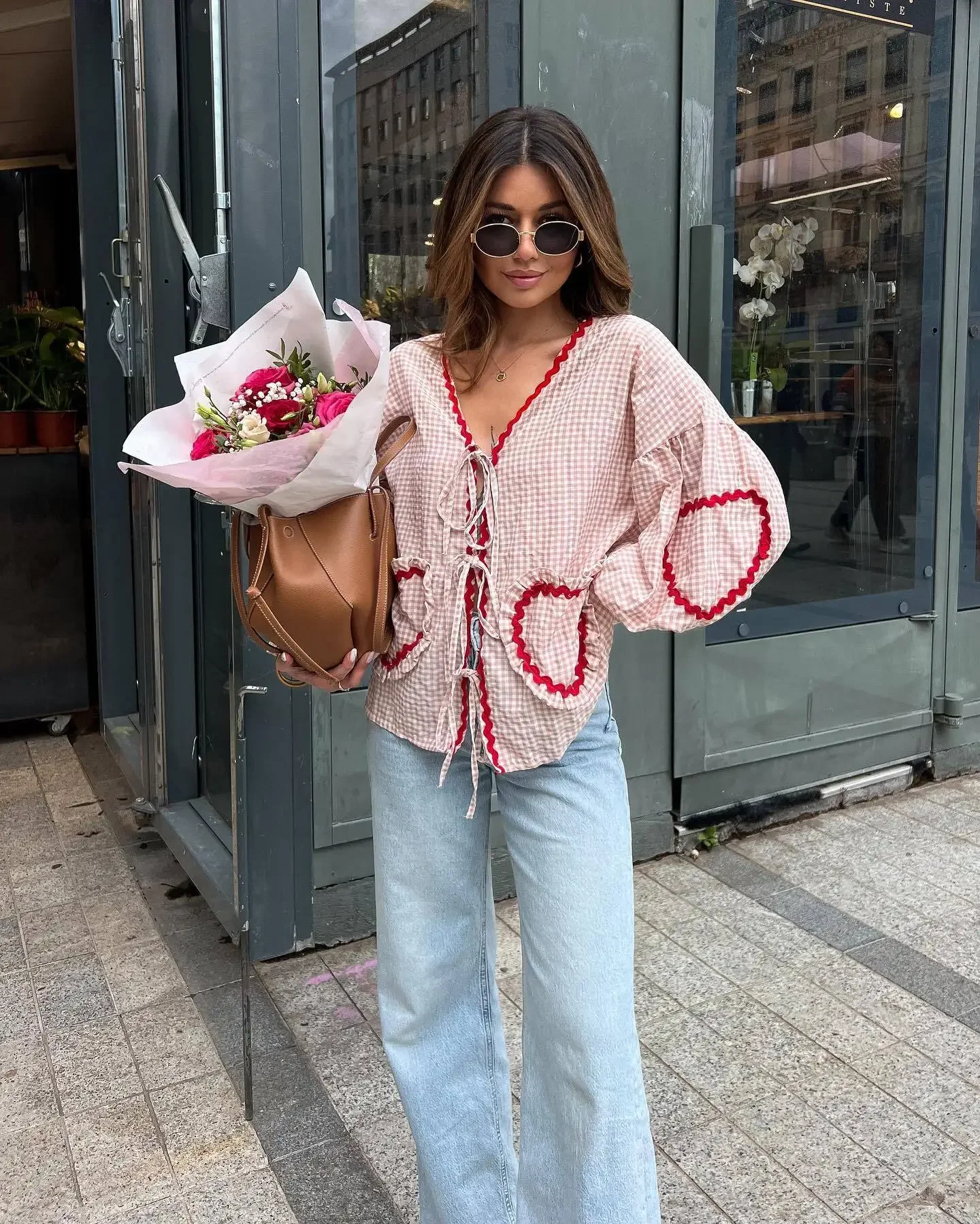 New Vintage Women Loose Heart Pockets Shirts 2024 Fashion Ladies Casual V Neck Bow Buttons Blouses for Female Chic Tops Clothes
