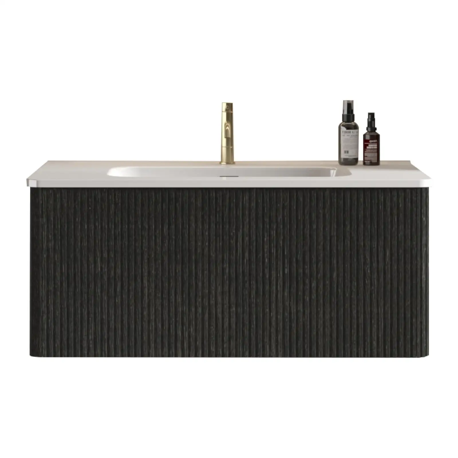 Brushed Black Oak Bathroom Vanity 36 Inch Floating Design White Ceramic Sink Included Luxury Sink Cabinet for Bathroom Remodel