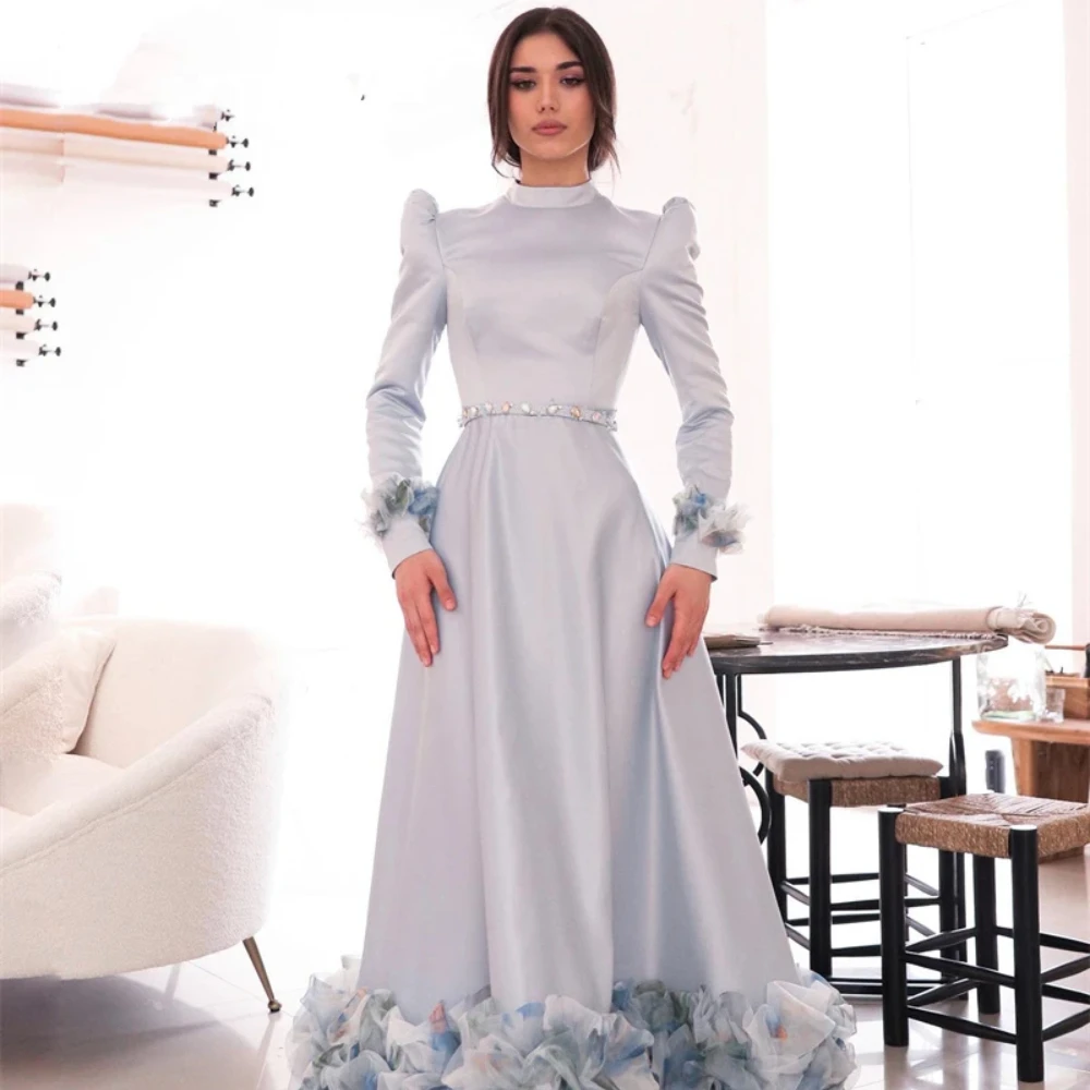 

Elegant Evening Dresses New Blue O-Neck Full Sleeves Party Prom Gowns Zipper A-LINE Taffeta Fashion Vestidos De Fiesta D10223