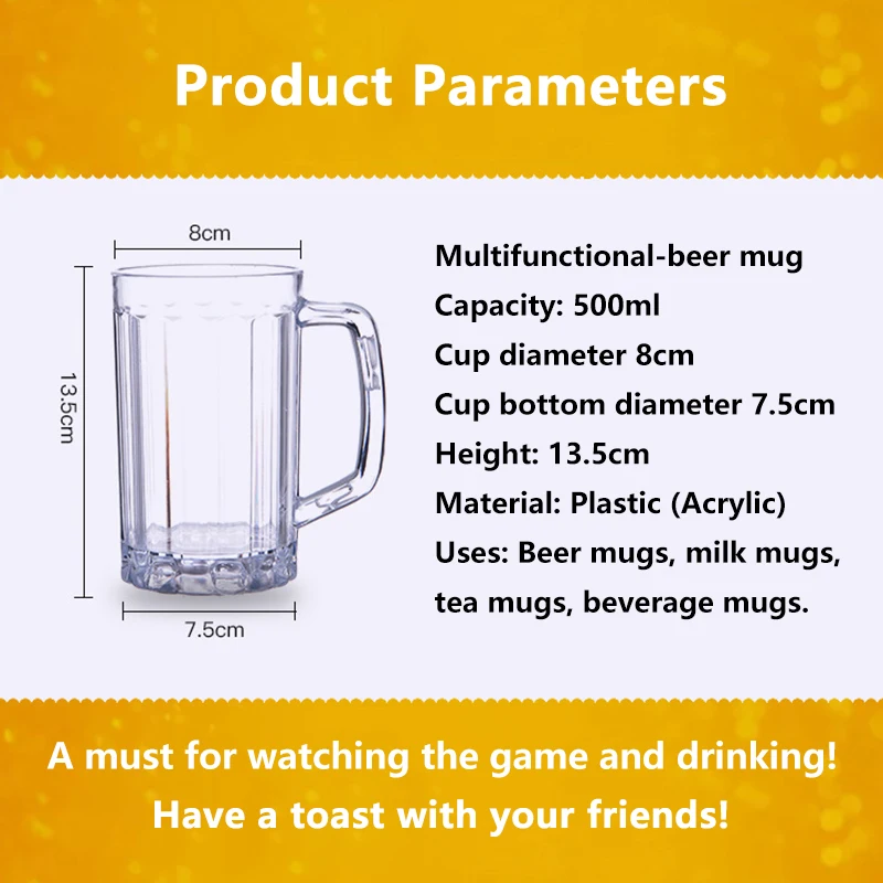 Coffee Cup 500ML Transparent Beer Mug Acrylic Plastic Unbreakable Milk Coffee Juice Water Cup Barware Drinkware for Home Party Bar Karaoke