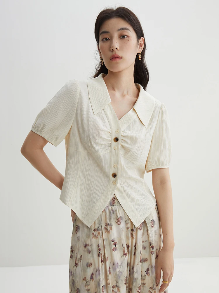 DUSHU Puff Sleeve Turn-down Collar Beige Single Breasted Blouses Button Decoration Female Thin Short Shirts 24DS82052