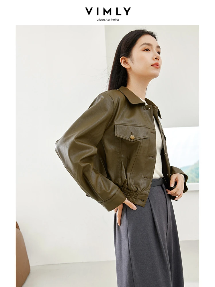 Vimly Lapel Cropped Women's Motorcycle Leather Jacket Loose Long Sleeve Coats 2023 Autumn New in Outerwear Female Clothing 16137