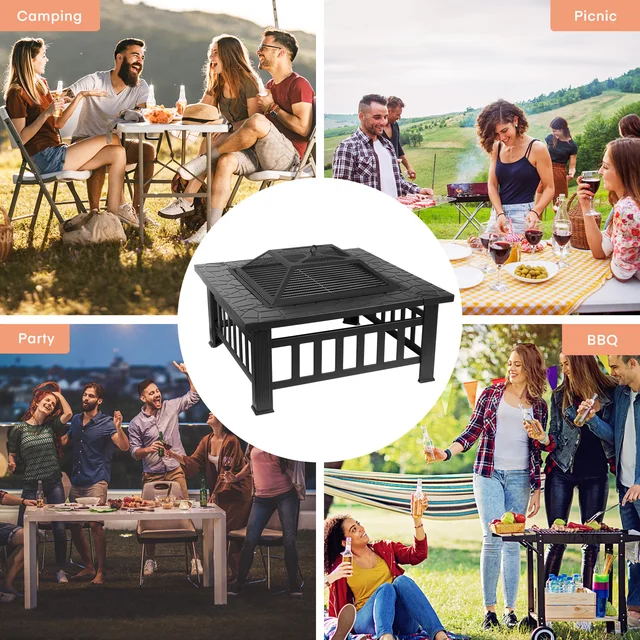 AOOU Steel Fire Pits for Outside, 32'' Square Wood Burning Fire Pit Table, Outdoor Patio BBQ Firepit Bonfire Party 4