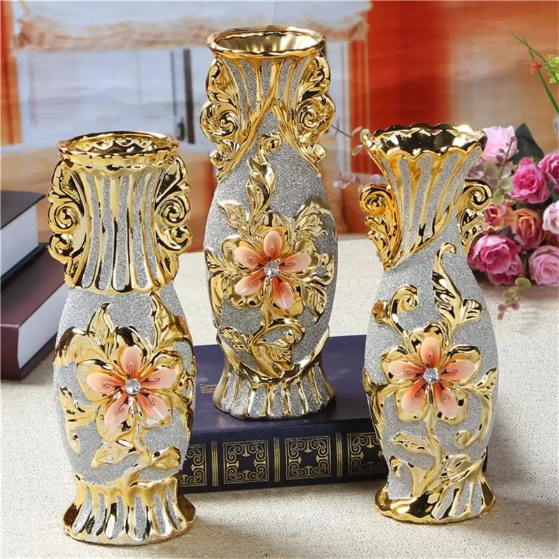 

European Gold Plated Frost Porcelain Vase Vintage Advanced Ceramic Flower Vase Living Room Ornaments Home Wedding Decor Gift