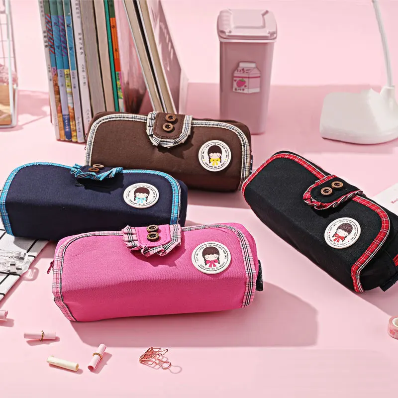 

Simple Design Pencil Cases Button Vintage Pen Bag Cute Kawaii Canvas Pencil Bag With Zipper Large Capacity Stationery Bag