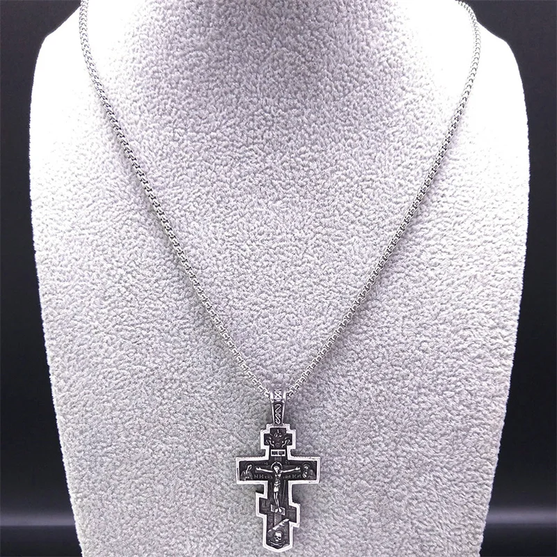 Orthodox Icon Cross Statue Crucifix Pendant Necklace Stainless