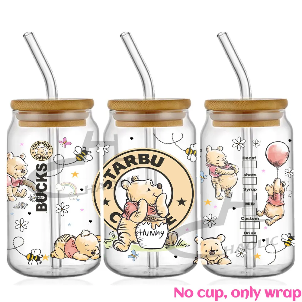 Cute Winnie UV DTF Cup Wrap 16oz Libbey Glass Can DIY Sticker Self-adhesive Washable Transfer Stickers