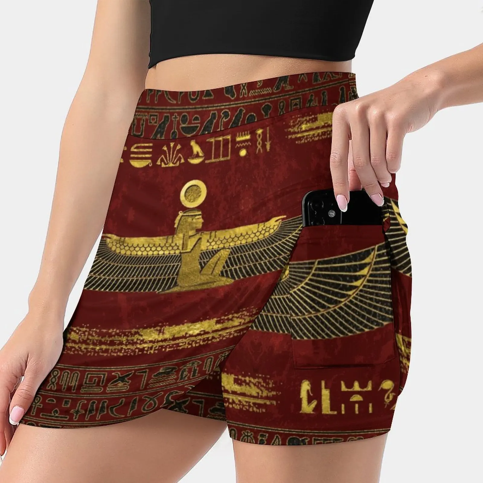 

Golden Egyptian God Ornament On Red Leather Korean Fashion Skirt Summer Skirts For Women Light Proof Trouser Skirt Egypt