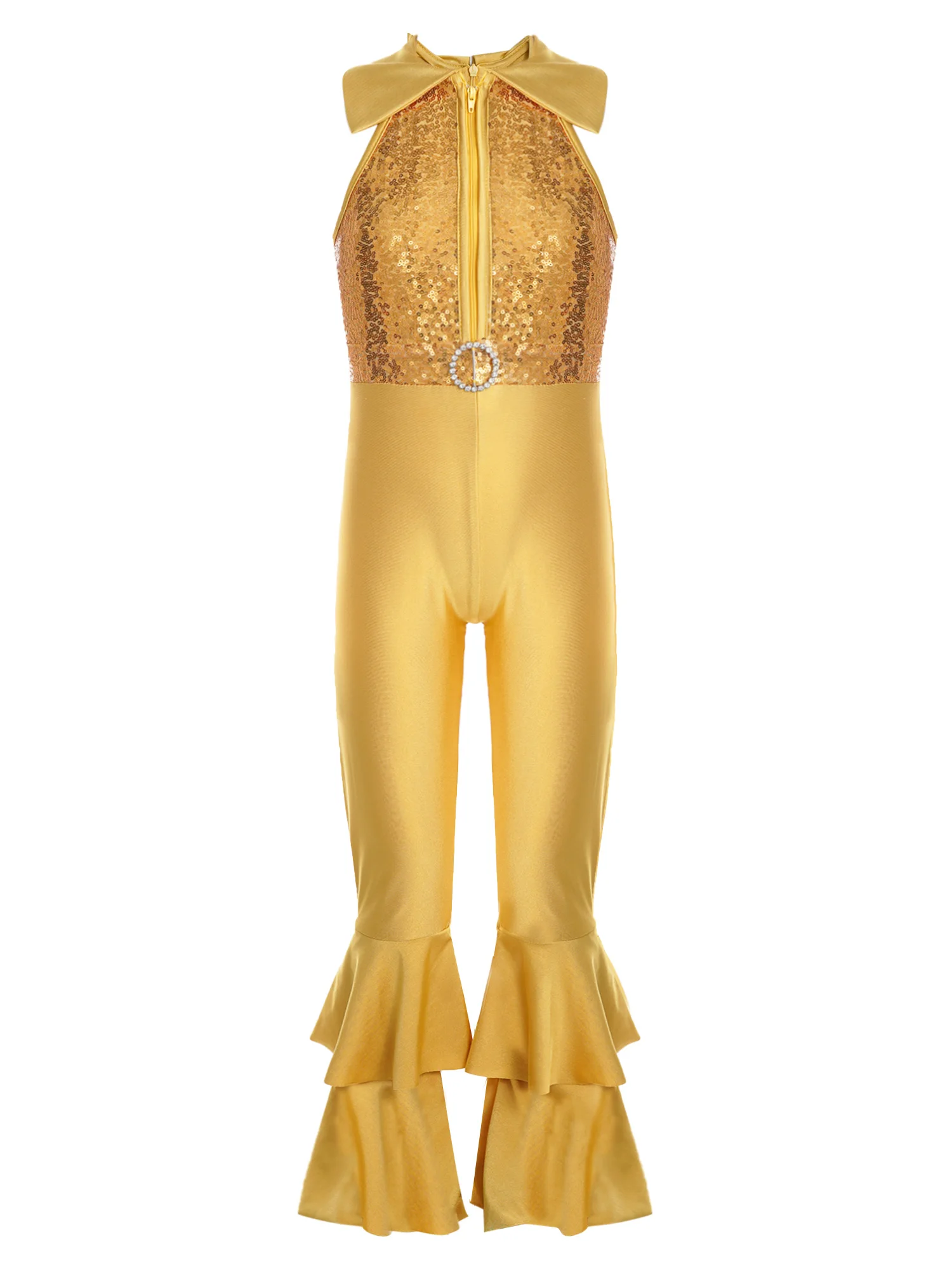 Kids Girls Ballroom Dance Costumes Shiny Sequins Zipper Diamond O-ring Front Tiered Bell-bottom Long Pants Disco Dance Leotards