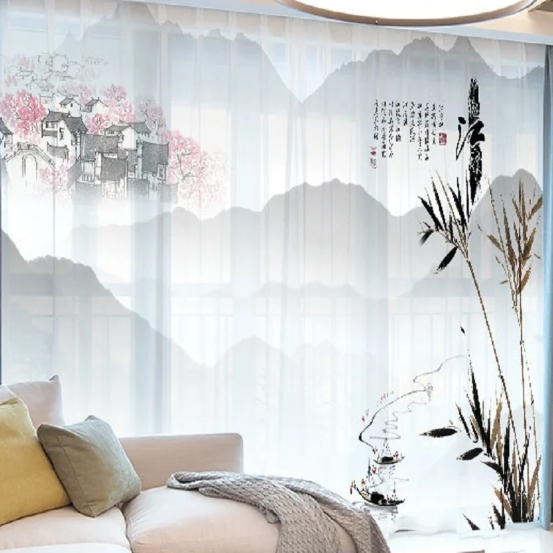 Chinese Style Ink Wash Painting Curtains Panel Sheer Tulle Home Decor Living Room Bedroom Vintage Chiffon Classical Curtains 