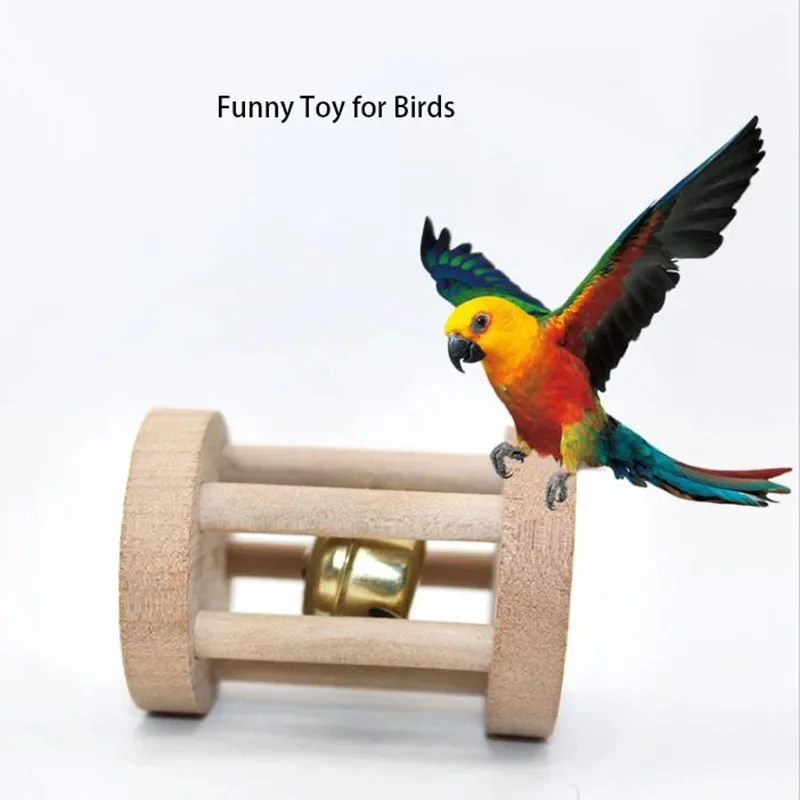 Natural Wood Pet Parrot Raw Wood Toy With Bell Squirrel Bird Hamster Branch Perches Chew Bite Toys Rings Funny Toy For Bird 2