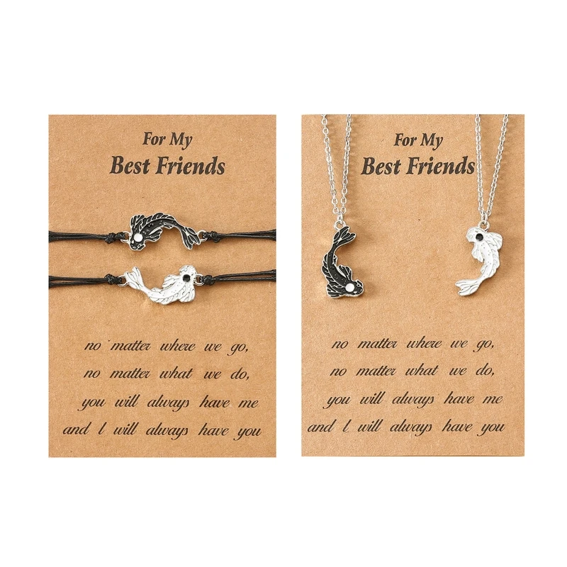 

652F 1/2x Couple Braided Rope Bracelet Tai for Chi Yin Yang Fish Bracelet Adjustable Cord Bracelet Necklace Set Lover Jewelr