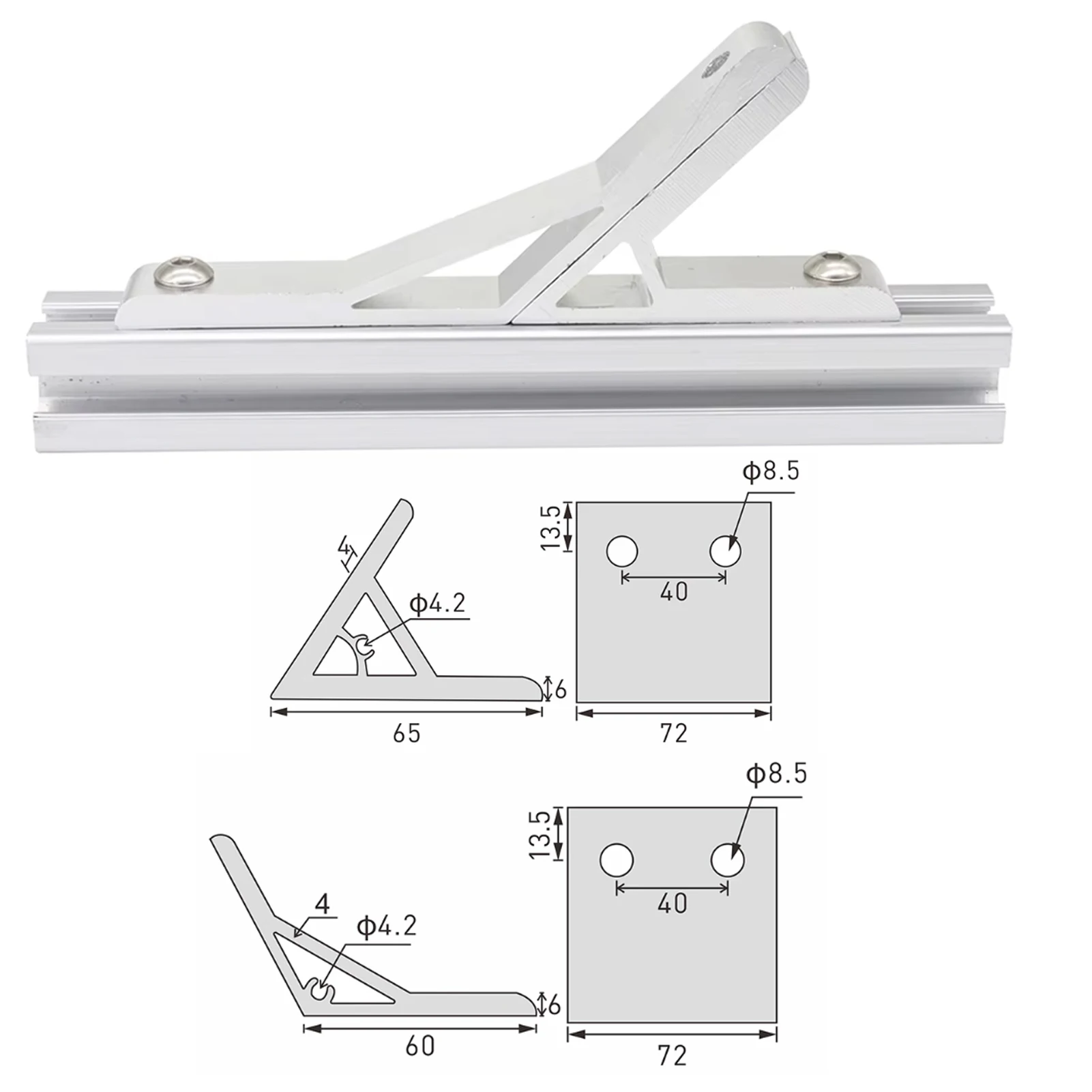 2 ชิ้น 60 องศา และ 2 ชิ้น 120 องศา ตัวยึดมุมอะลูมิเนียมอัดขึ้นรูปซีรีส์ 4080 สำหรับโปรไฟล์อะลูมิเนียมอัดขึ้นรูปขนาด 40 มม. x 80 มม. 4080 1
