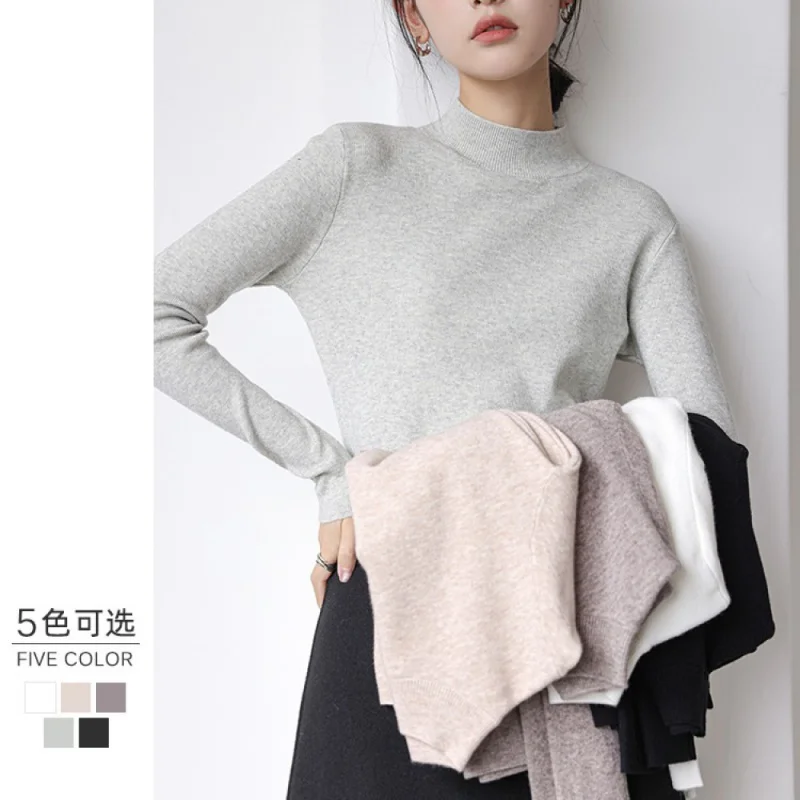 

23 New modelsPure Color Half Collar Long-Sleeved Sweater Women's Autumn and Winter 2023 New Korean Style Fitted Bottoming Outer