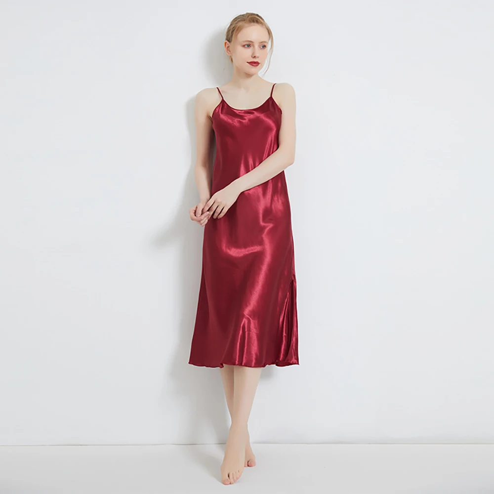 

Large Size Suspender Pajamas Women's Summer Ice Silk Silk Nightgown Sexy Long Skirt Slit Dress Solid Color Pajamas Round Nec