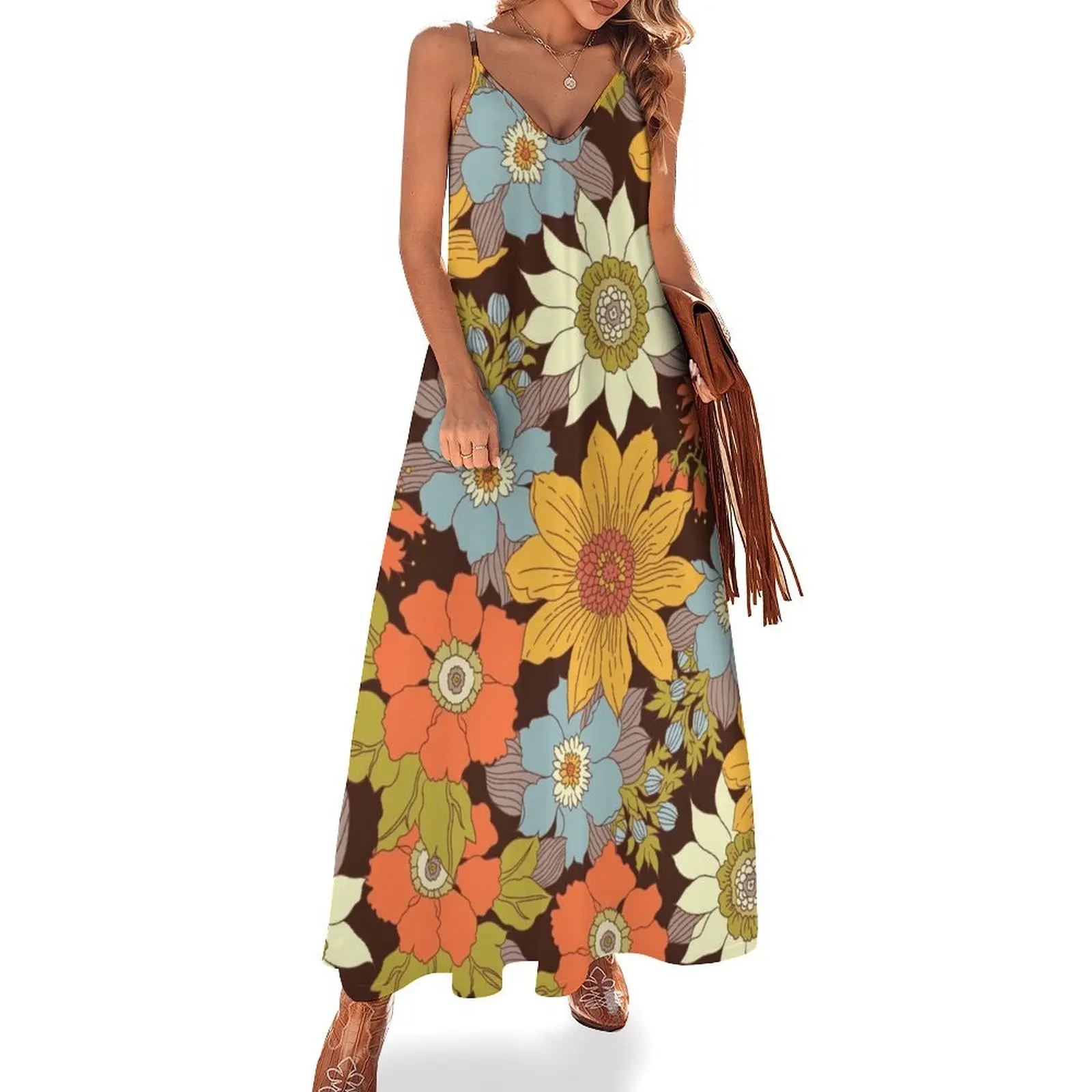 

Vintage 70s Floral Prints Sleeveless Dress evening dress women's clothing trend 2024 luxury woman evening dress cocktail dresses