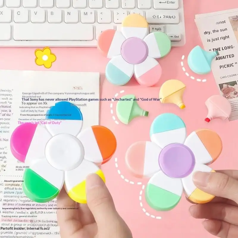 1Pcs 학교 사무용품을위한 손가락 끝 나선형 형광펜 꽃 모양 수채화 색상 5-In-1 형광 펜