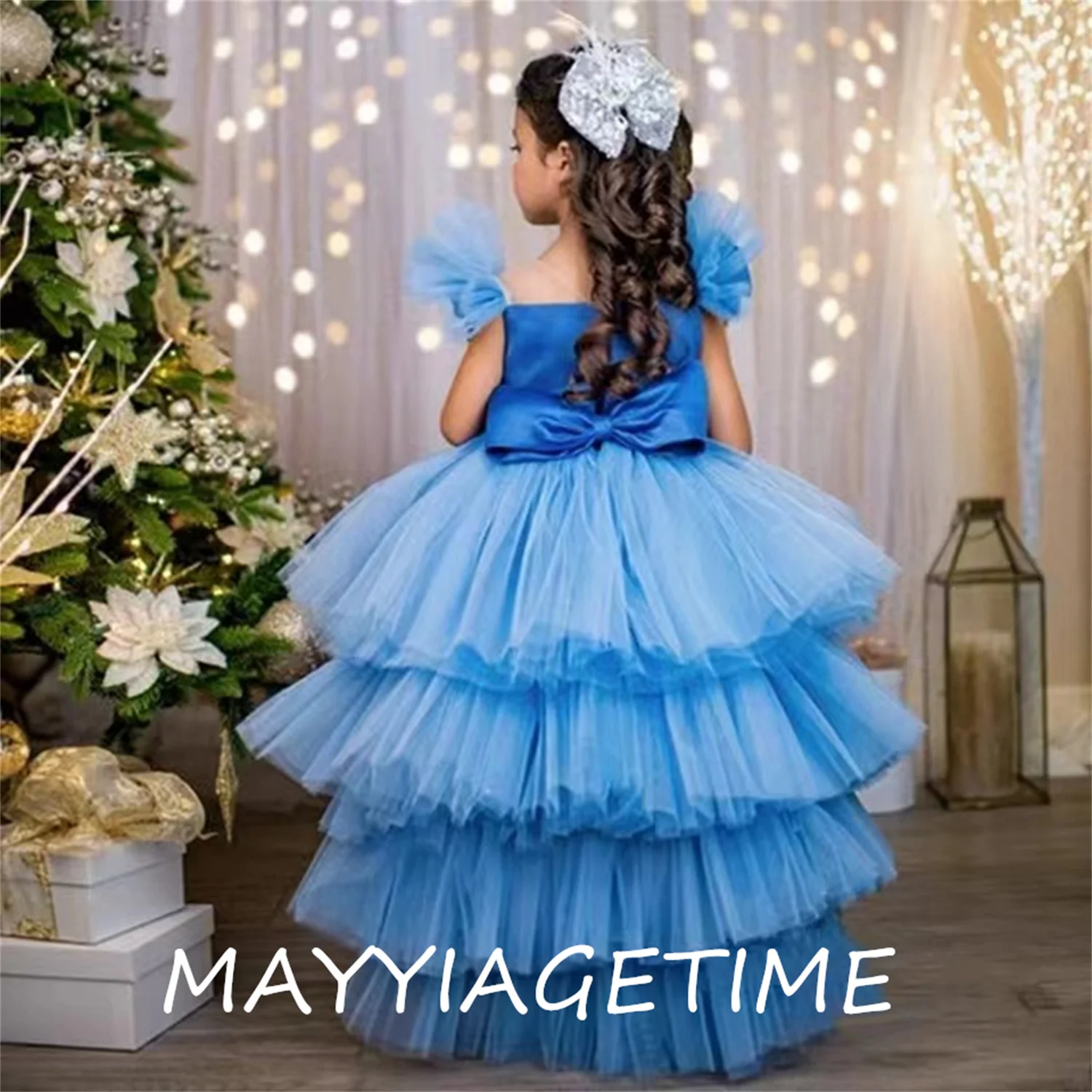 

Blue Short Sleeves Flower Girl Dresses For Weddings Tulle Appliques Party First Communion Low/High Dress Princess Ball Gown