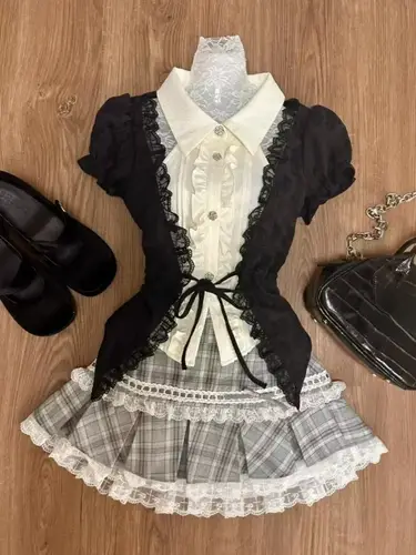 Japanese Sweet Preppy Style 2 Piece Set Women Kawaii Lace Patchwork Bow Tops + Y2k Plaid Mini Skirt Elegant Fashion Outifits New - Image 5