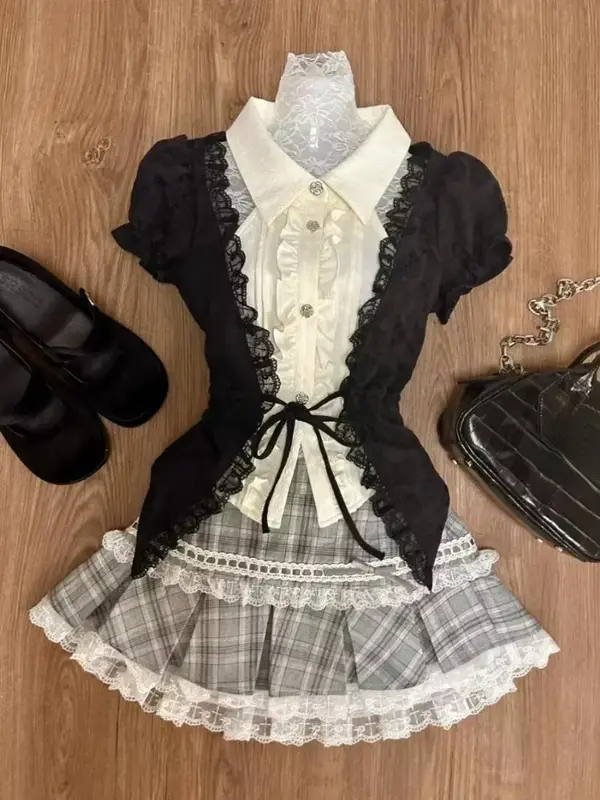 Japanese Sweet Preppy Style 2 Piece Set Women Kawaii Lace Patchwork Bow Tops + Y2k Plaid Mini Skirt Elegant Fashion Outifits New - Image 5
