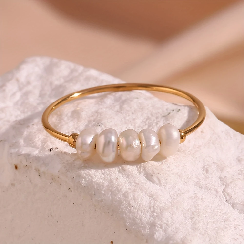 Fashion rings eManco freshwater pearls stainless steel gold-plated round holiday jewelry gifts