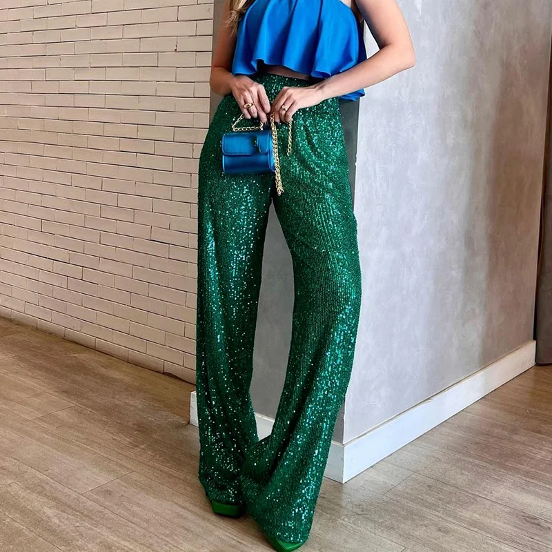 

Women Sexy Glitter Sequin Shiny Party Pants Spring High Waist Slim Straight Trousers Summer Wide Leg Pants Office Lady Sweatpant