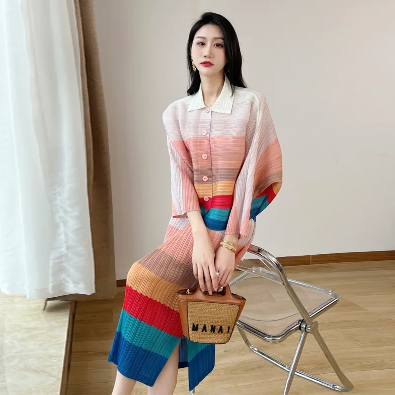

Miyake Pleated Shirt Skirt Women's Two-piece Commuter Gradient Single-breasted Jacket Women's Split Stripe Rainbow Skirt Dress