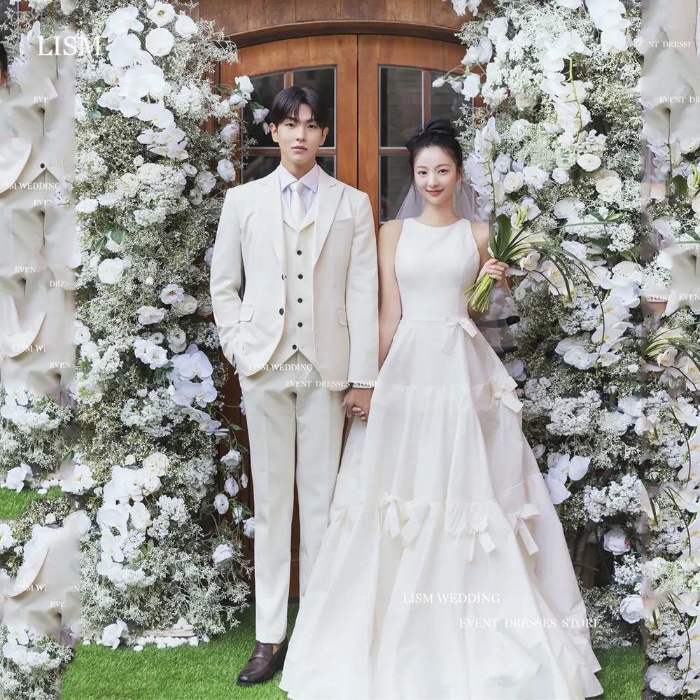 

LISM Simple Korea Wedding Dress Photo Shoot A Line O Neck Bridal Gown Bowknot Floor Length Robe De Mariage 신부 예복