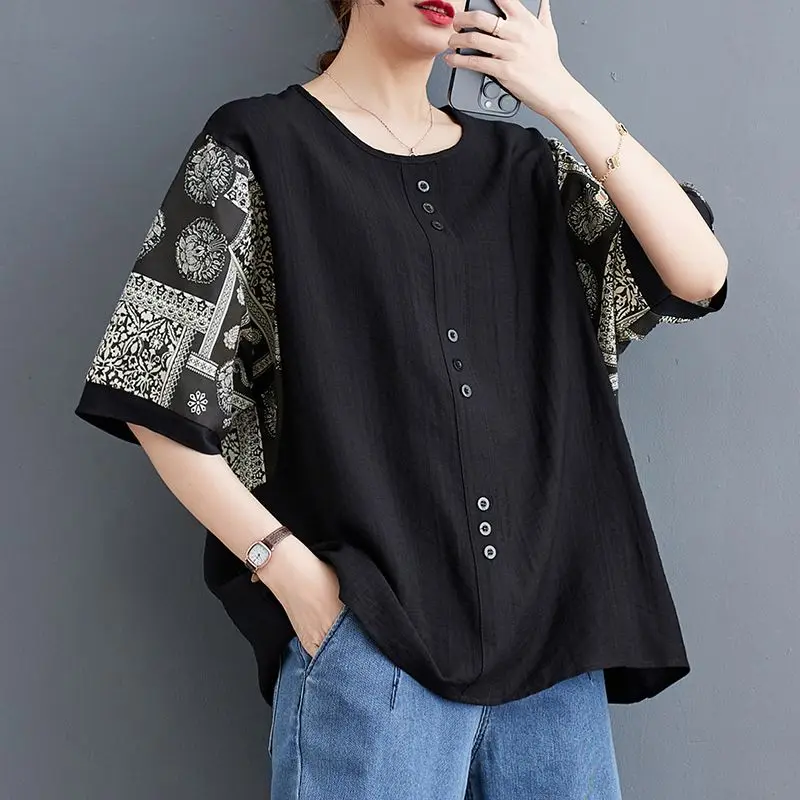 Women's Clothing Retro Print Simple Casual Oversized Cotton Linen Blouses Summer Trendy O Neck Short Sleeve Street Shirts Blusa