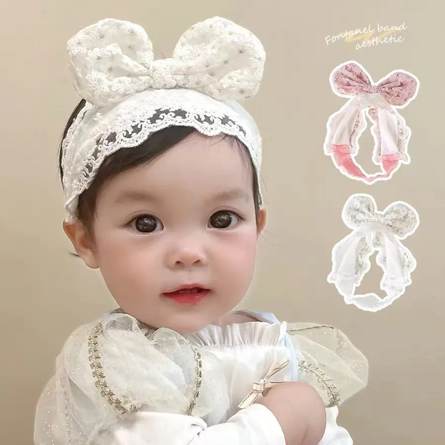 White Pink Lace Baby Headband Big Bow Newborn Infant Elastic Wide ...