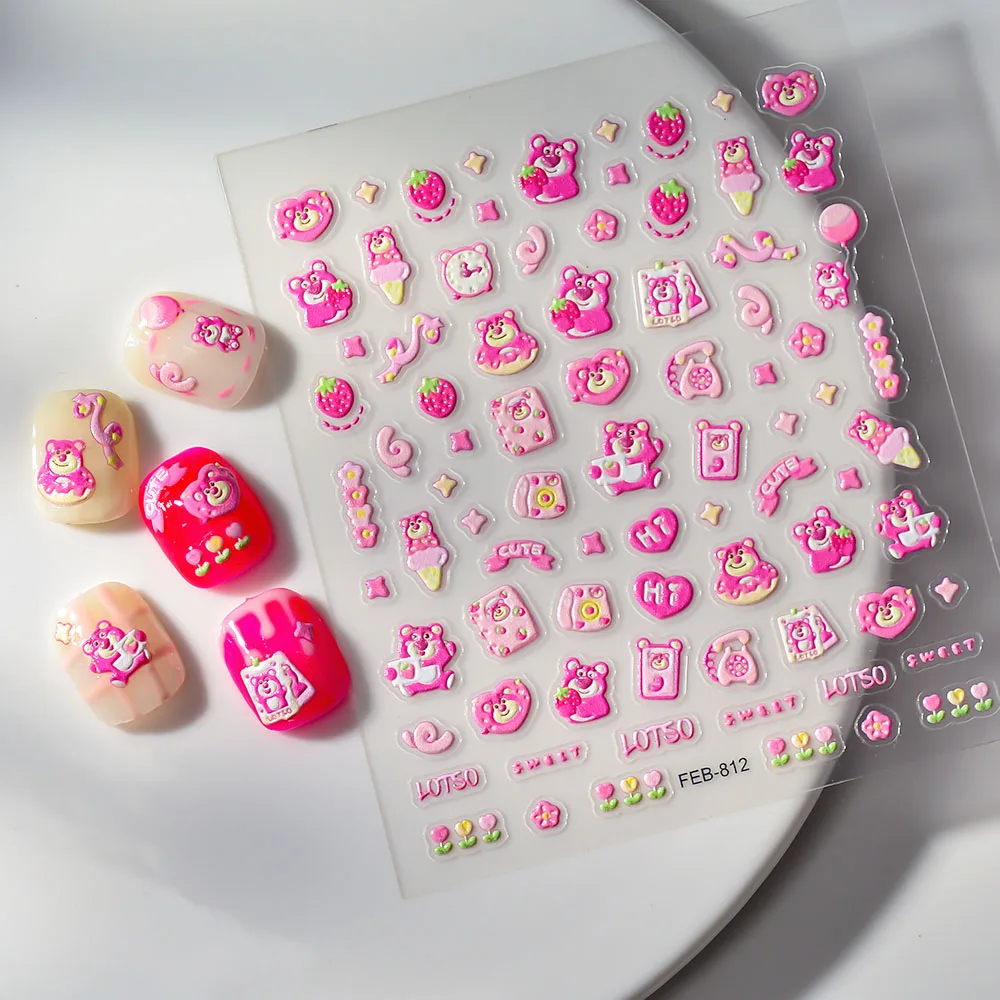 Stickers Ongles Lotso 3D Rose - Adhésifs Mignons pour Manucure