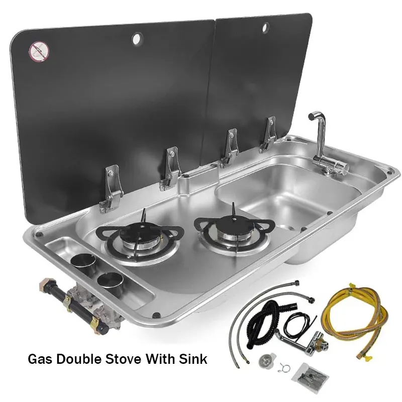 RV Gas Stove Two Burner Rectangular Stainless Steel Sink Combi with 2 Glass Lid 2.18KW 0.8MM Thickness for Car Kitchen