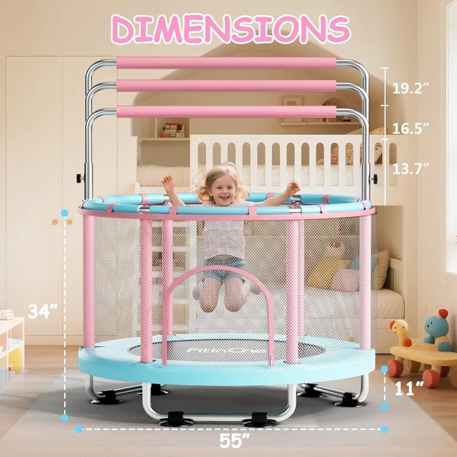 55" Toddler Trampoline for Kids Indoor Outdoor with Swing, 440lbs Capacity, Gymnastics Bar, Gift for 1-8 Year Old