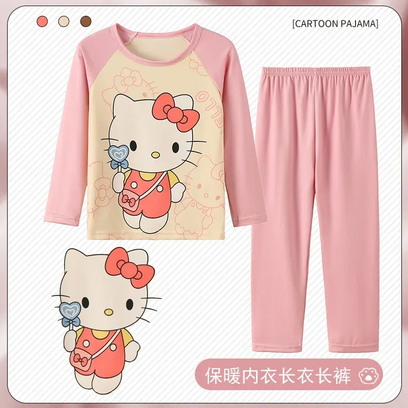 thumbnail image 1 of Sanrios Conjunto de pijama cómodo para niños y niñas Anime Hello Kittys Kuromi Cinnamoroll lindo cuello redondo pantalones de manga larga ropa de descanso, 1 of 5