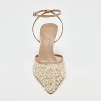 Luxury Bling String Bead Mesh Designer Pumps Women Sexy Pointed Toe Ankle Strap High Heels Elegant Party Wedding Heeled Sandals - Image 2