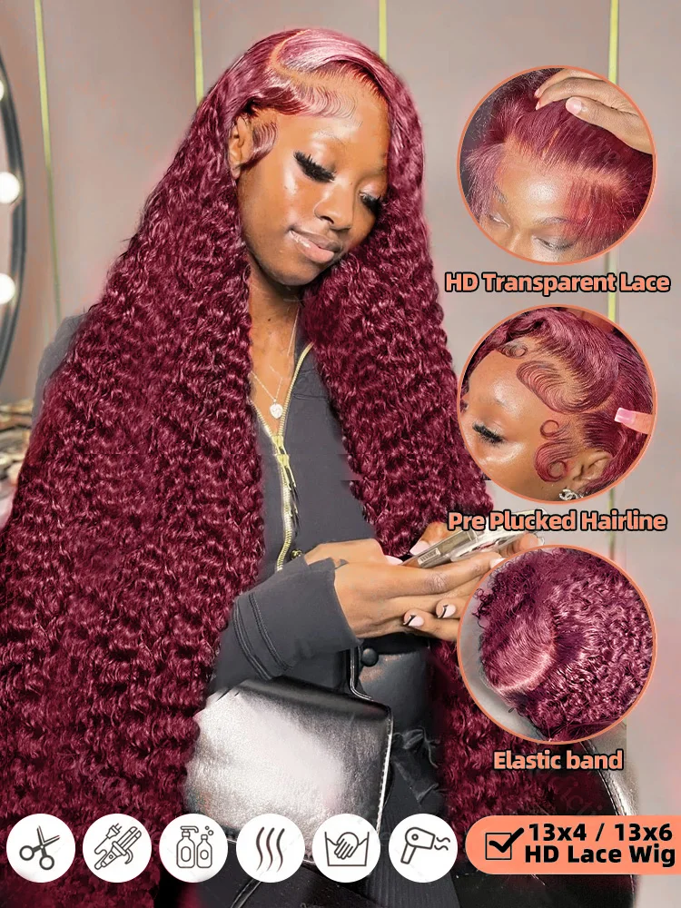 99J Burgundy 13x6 HD Lace Frontal Wig Human Hair Water Curly Red Colored 13x4 Transparent Lace Deep Wave Frontal Wig 2