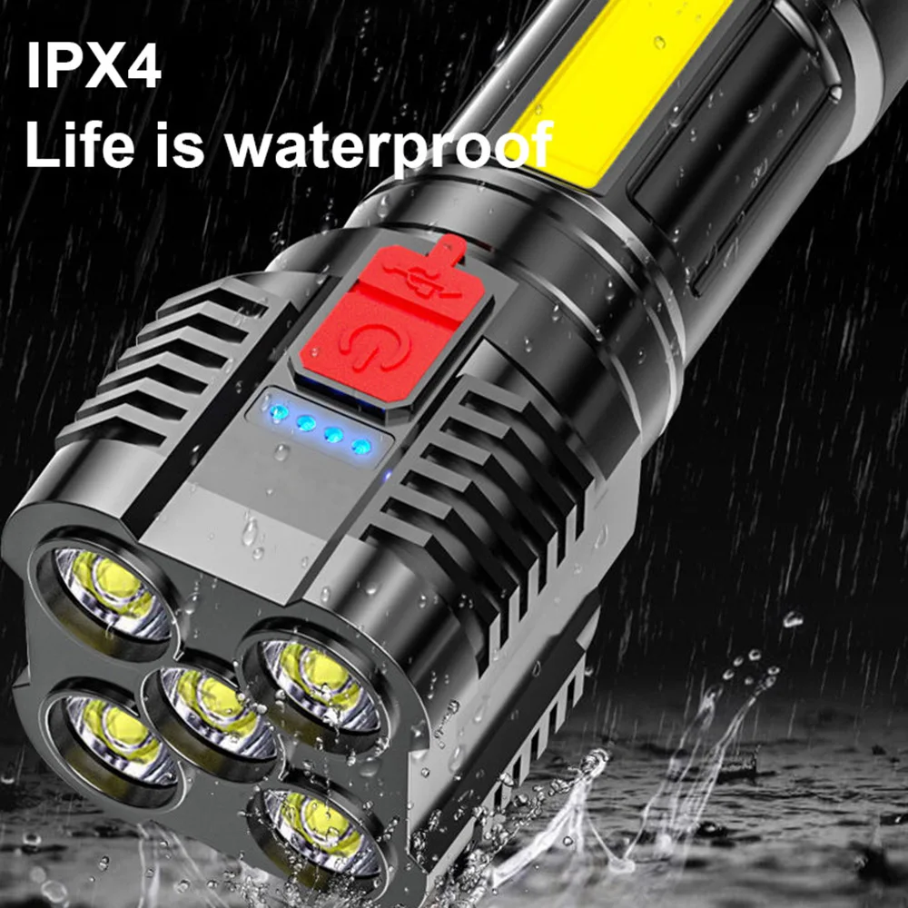 

USB Rechargeable 5led Strong Flashlight Portable Spotlight Outdoor Waterproof Super Bright Camping Torch with COB Side Light