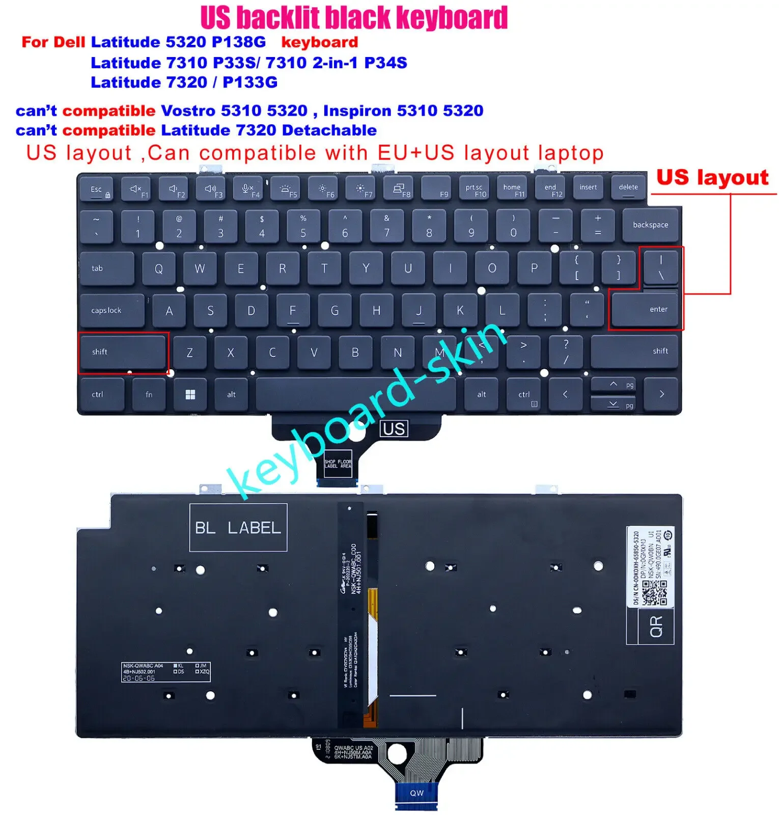 

New US Backlit Keyboard For Dell Latitude 5320 P138G ,7310 P33S/ 7310 2-in-1 P34S ,7320 /P133G 018YPJ laptop