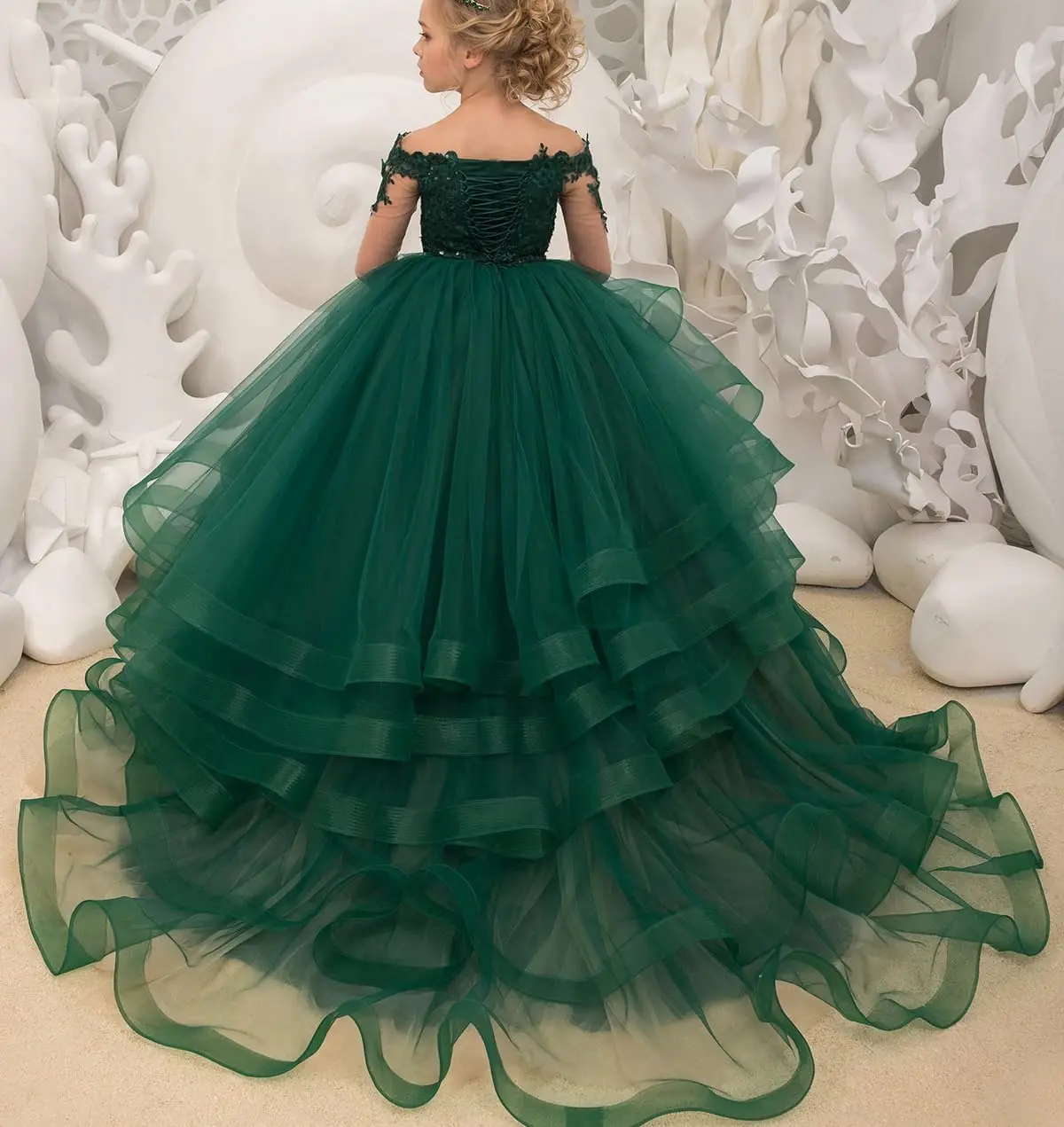 made Princess Long Sleeve Flower Girl Dresses Appliques Ruffles Tulle Pageant Dresses for Girls Kids Party Ball Gowns