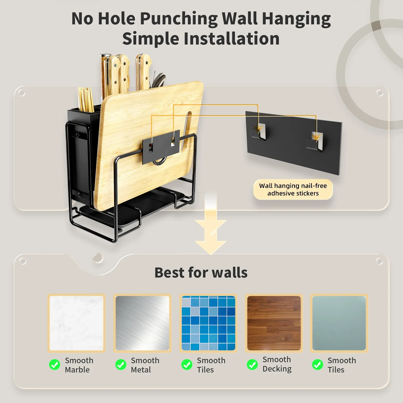 Kitchen Knife Storage Rack,Wall mounter and Punch Free,Stainless-Steel material,Black white 3