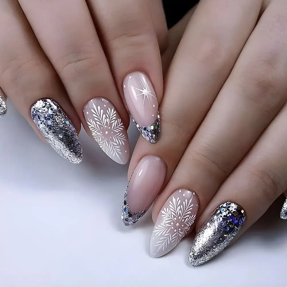

24pcs Christmas Fake Nails Square Head French Nail Press on Nails Snowflake Waterproof Faux Medium Fingernails