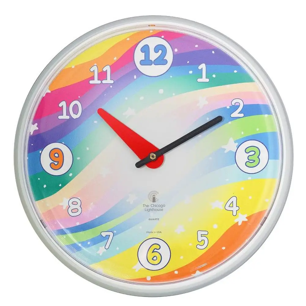 

Children's Rainbow Swirl Wall Clock Easy-to-Read Decorative White Star Accent Nursery/Kids Room Analog Round 12.75" Lightweight