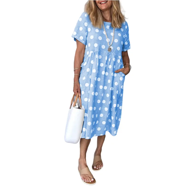 

Casual Home Wear Polka Dots Print Women Casual Short Sleeve Dress Loose Long Double Pocket Beach Vacation Dress Woman Midi Dress