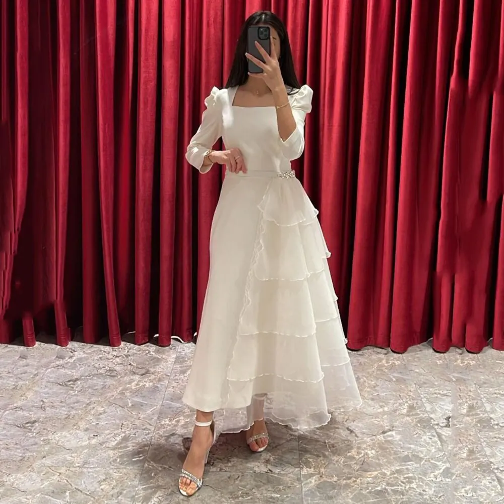 

Santorini Square Neck Ankle Length Prom Dresses Tiered Detachable Train Homecoming Dress Long Sleeves Birthday Party Evening
