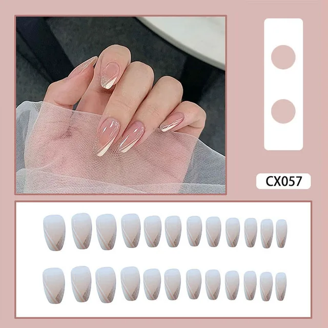 24pcs/box Fake Nails Press on Short Reusable with Designs Set French Artificial Pink False Tipsy Stick-on Nails Tips Art CX057