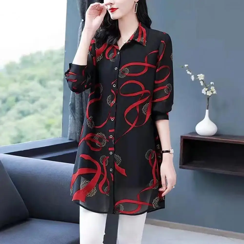 

L-4XL 2023 New Summer Soft Comfortable Blouse for Women Lapel Button Up Loose Casual Printed Long Sleeve Midi Cardigan Shirt