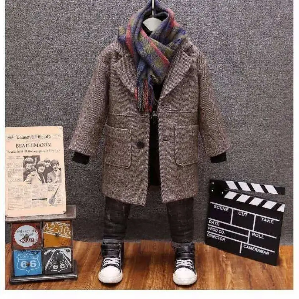 boys' autumn and winter cashmere padded children's coat tooling woolen windbreaker plaid British woolen coat 3-14T children jackets boys woolen coat