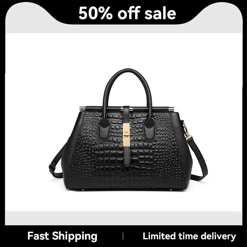 Sac à Main Femme En Cuir Noir Effet Crocodile - Fabriqué En France - Taille Moyenne - Bandoulière Dorée - Neuf Avec étiquettes