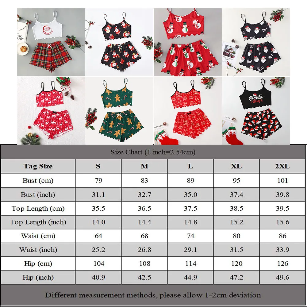 Women Christmas Pajamas Set Girls Homewear Sleeveless Top With Shorts Loungewear