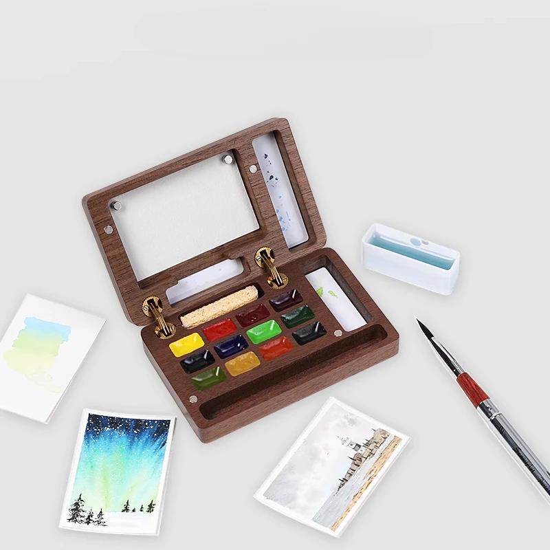 12Color Solid Watercolor Paint Portable Mini Walnut Magnetic Paint Box Travel Painting Sketching Watercolor Palette Art Supplies
